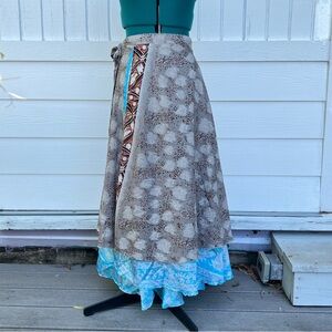 Double Layer Patterned Grey and Blue Women's Maxi Skirt. One Size.